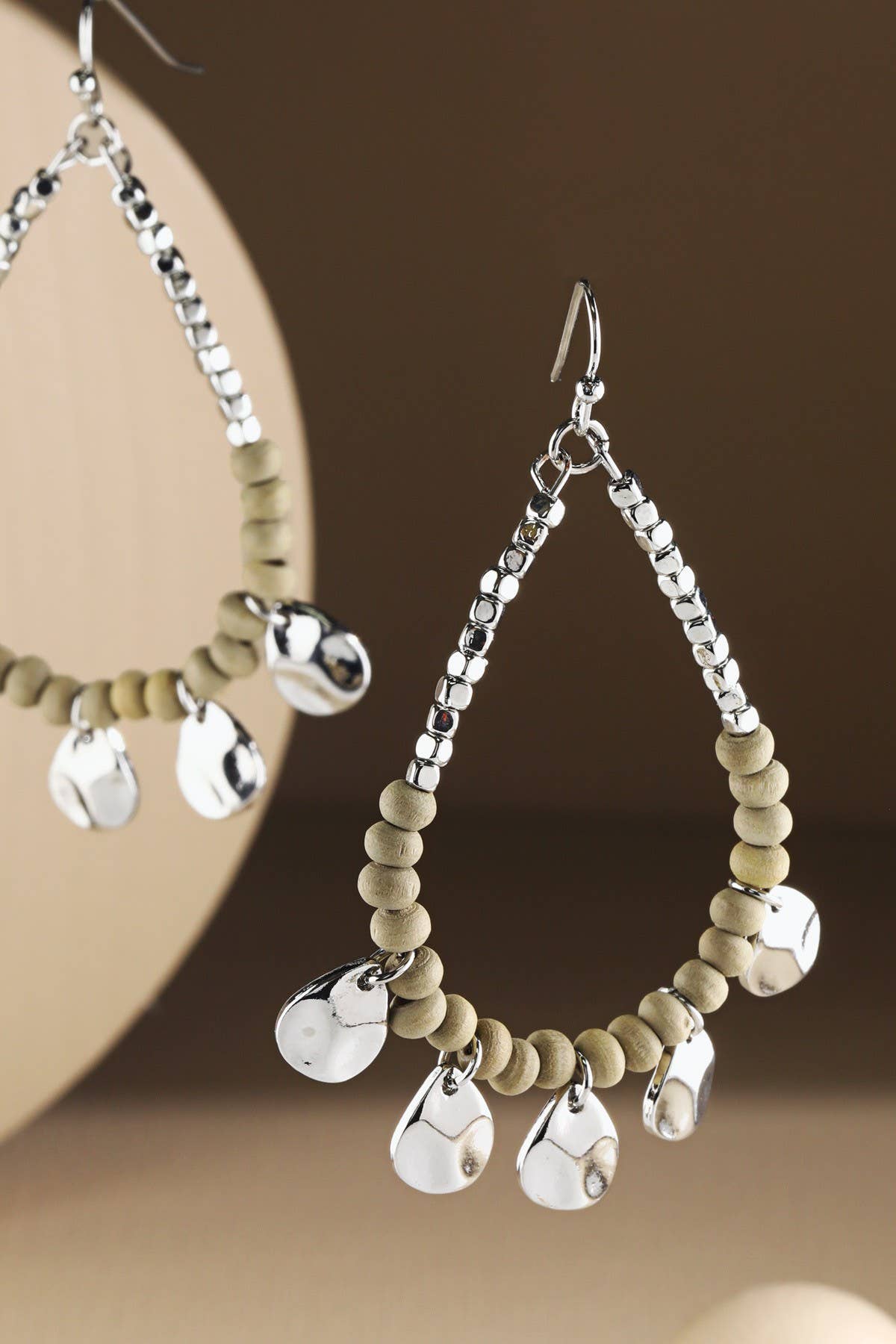 Boho Orange Wood Beaded Teardrop Hoop Earrings