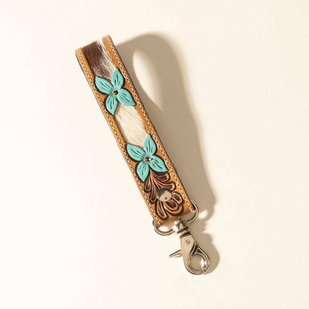 Myra Painted Prairie Handtooled Leather Keyfob in Desert Lace