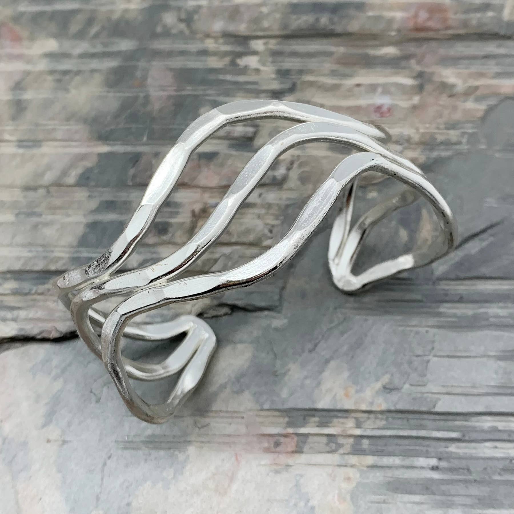 Silver Plated Adjustable Cuff Bracelet - Large Waves