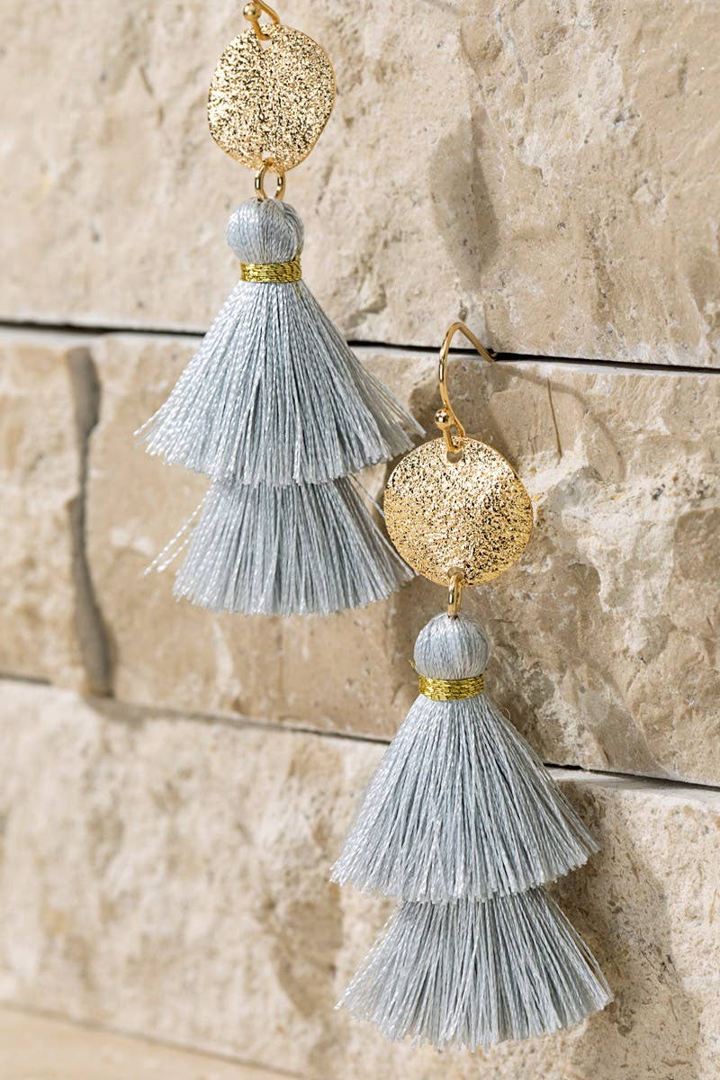 Boho Blue Gold Disc & Tassel Earrings