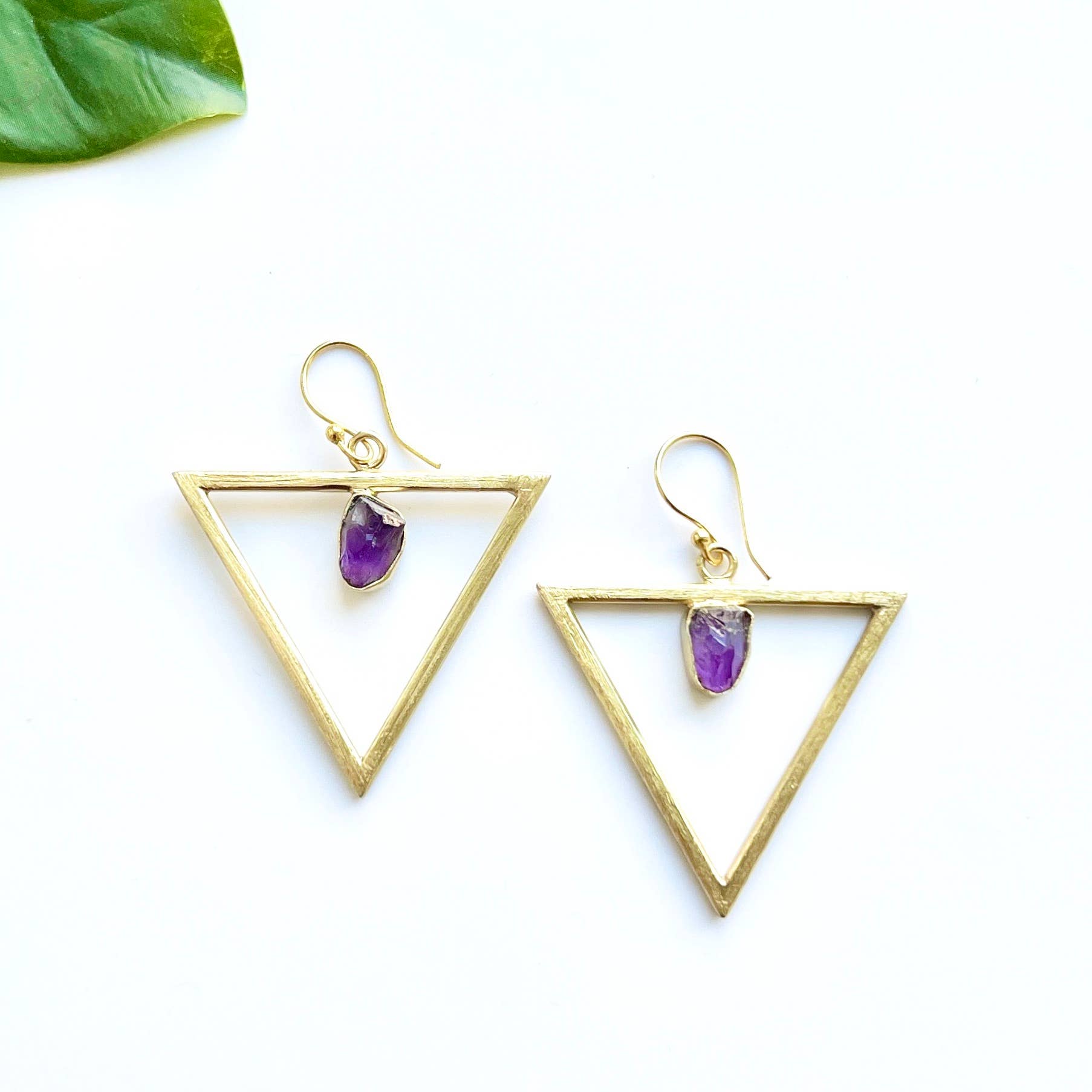 Brass Organic Amethyst Triangle Earring