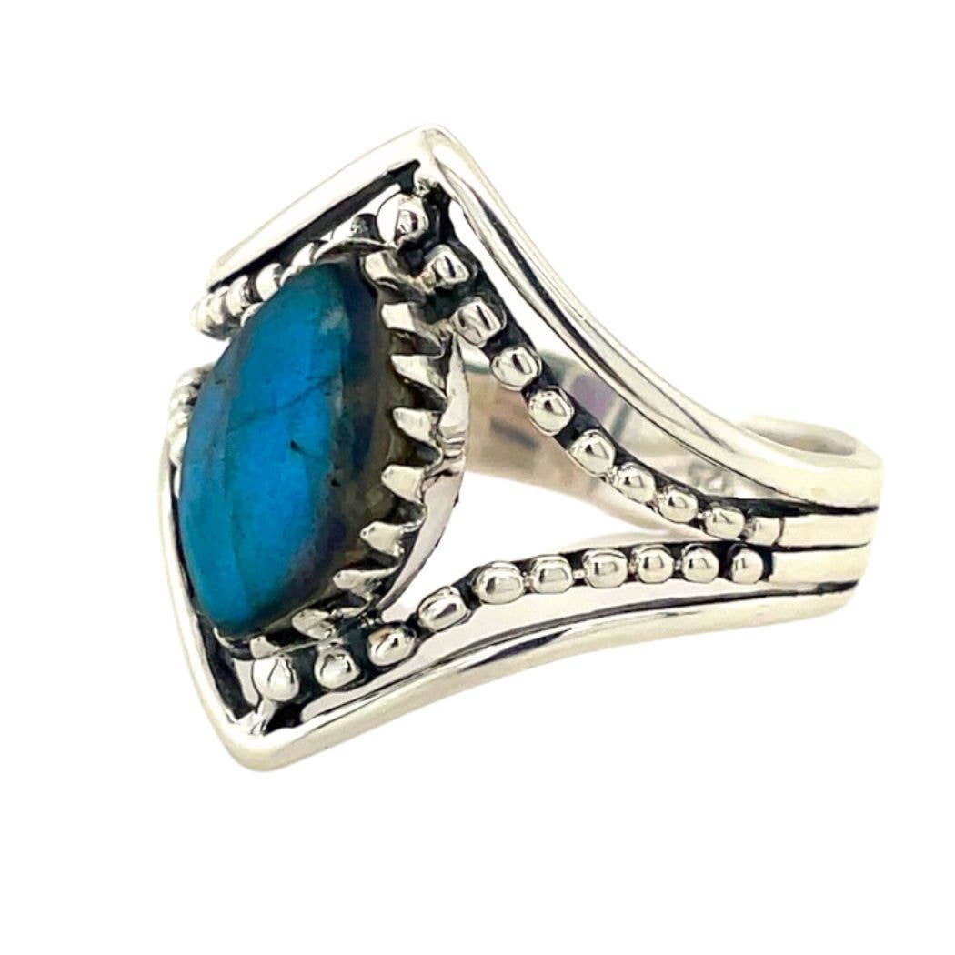 Shining Marquise Labradorite Sterling Silver Open Band Ring