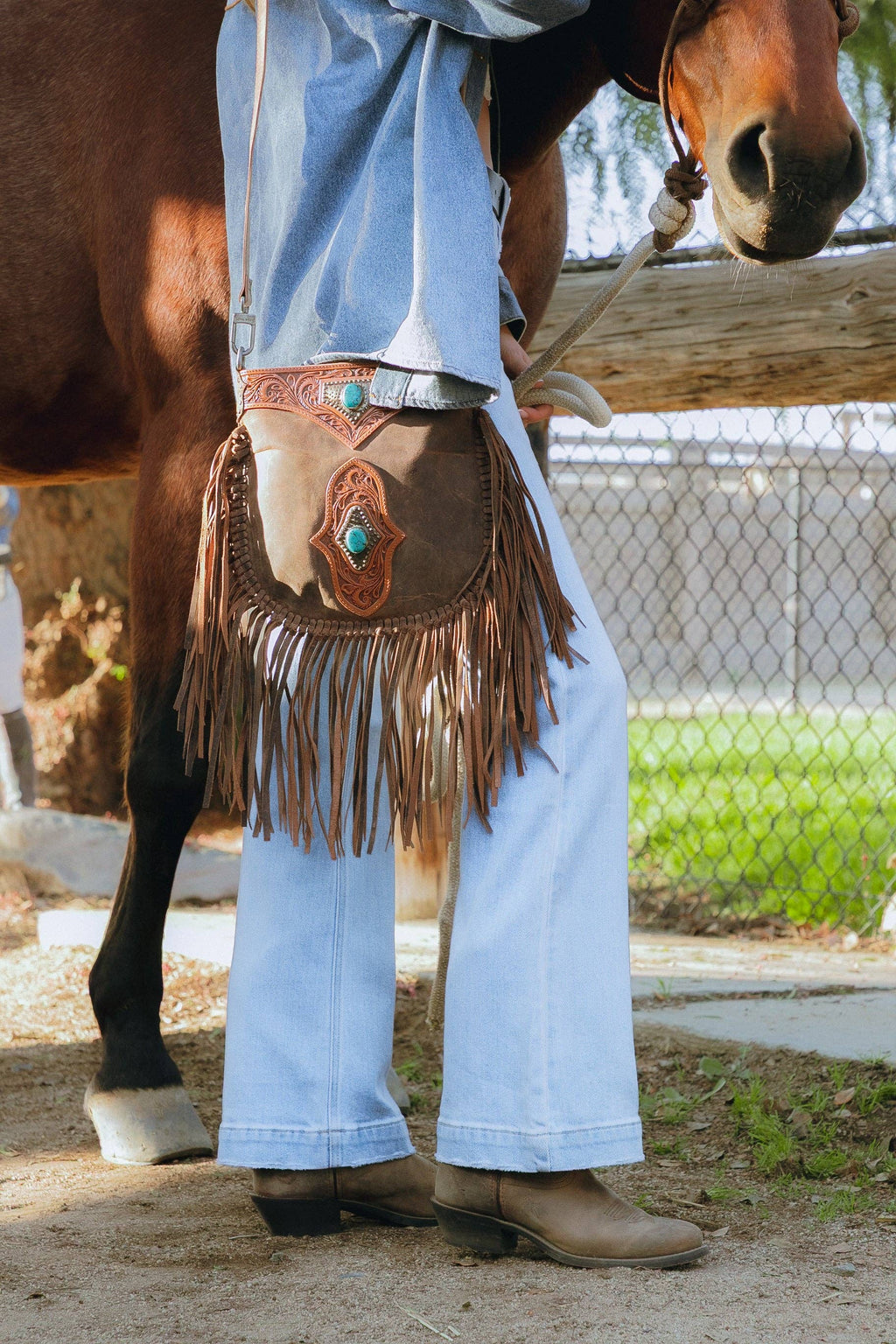 Mojave Tassle Bag In Brunette Leather Hand-tooled with Fringe