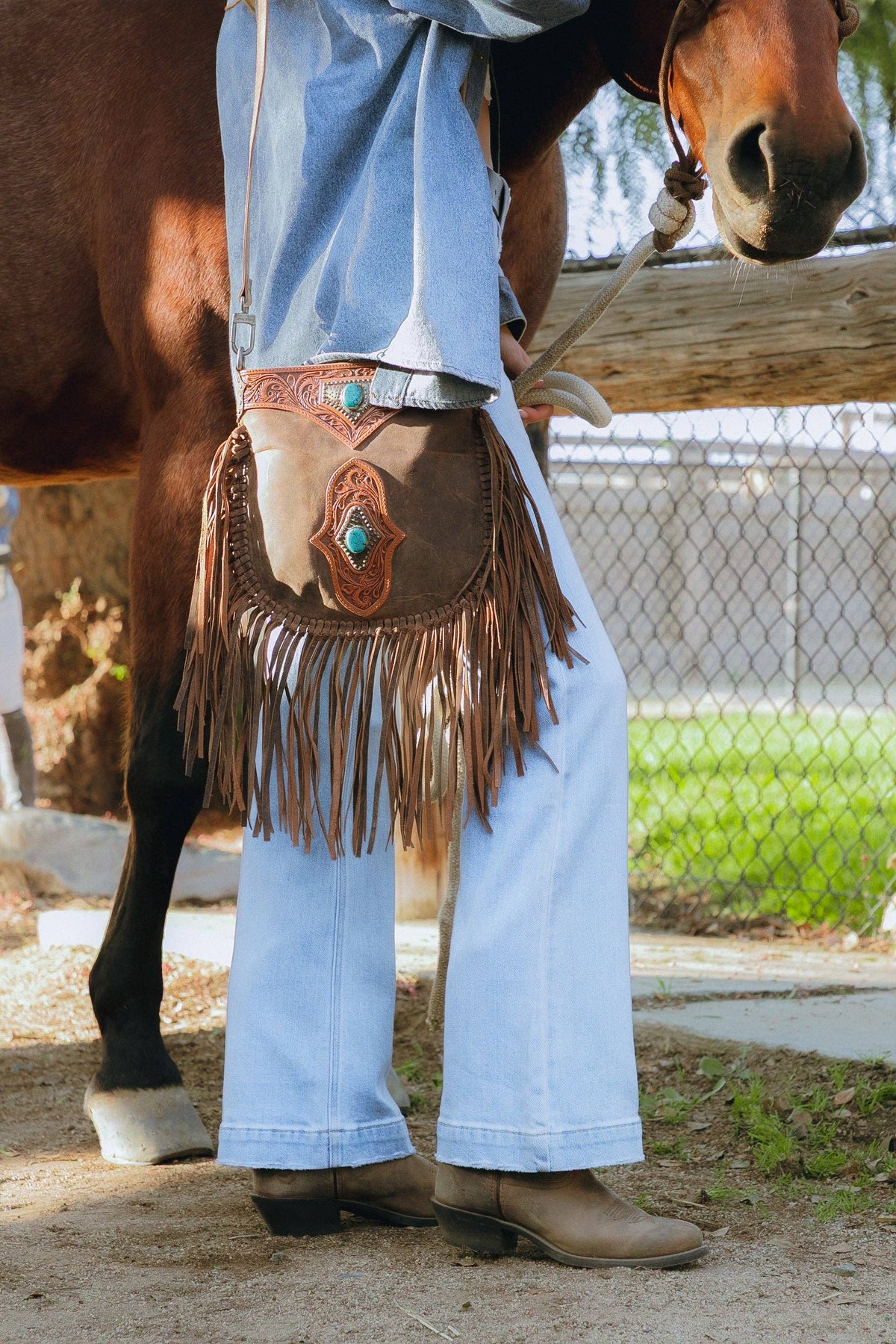 Mojave Tassle Bag In Brunette Leather Hand-tooled with Fringe