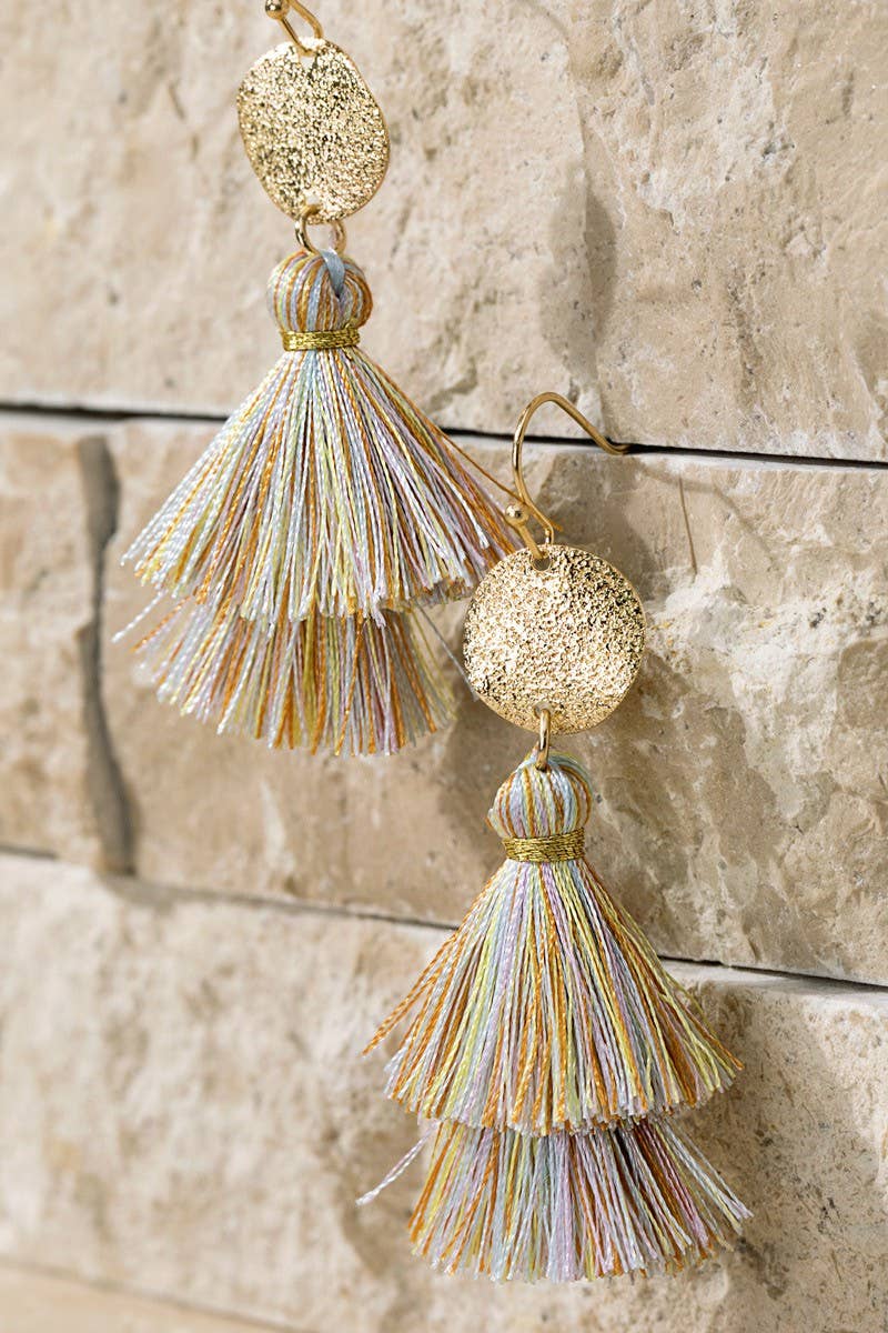 Boho Blue Gold Disc & Tassel Earrings