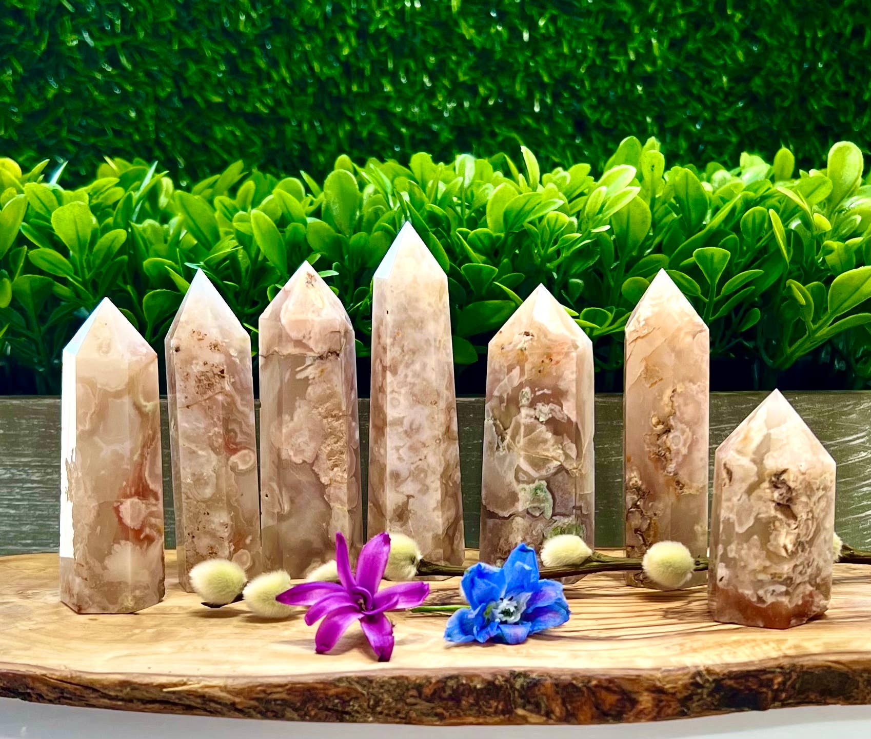 Pink Flower Agate Crystal Tower Obelisk Point