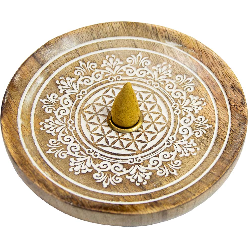 Circular Mango Wood Cone Incense Burner- Flower of Life