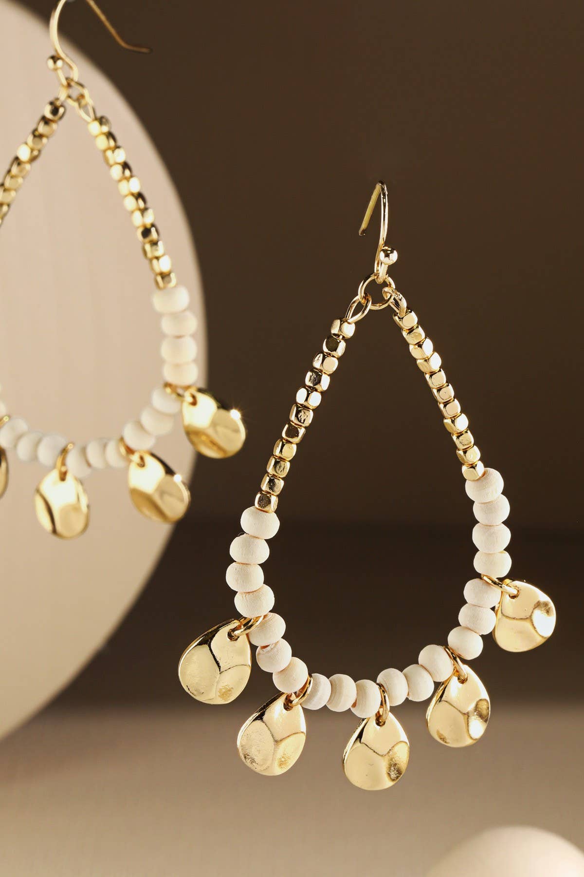 Boho Orange Wood Beaded Teardrop Hoop Earrings