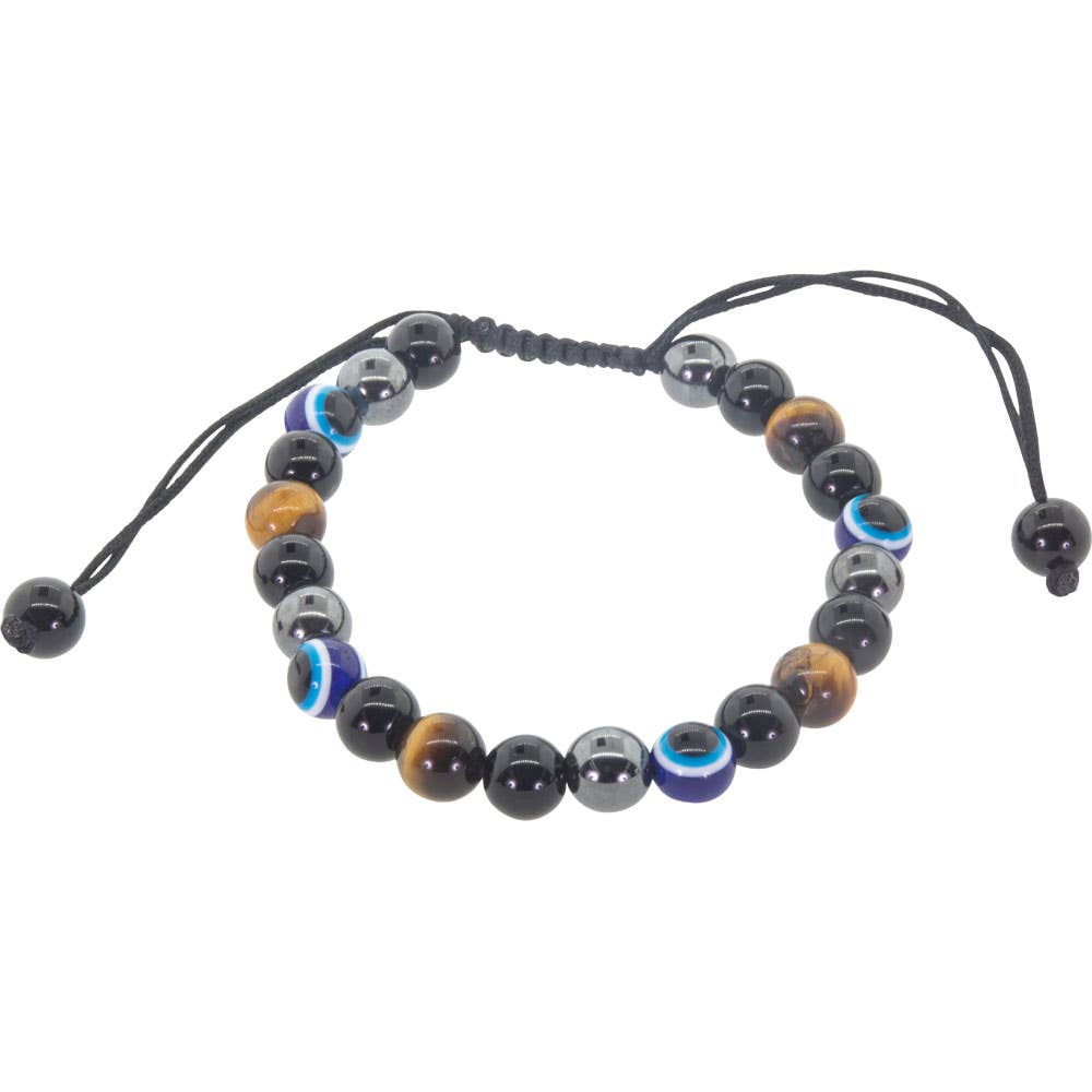 Evil Eye Adjustable Bracelet - Tiger Eye & Black Glass Beads