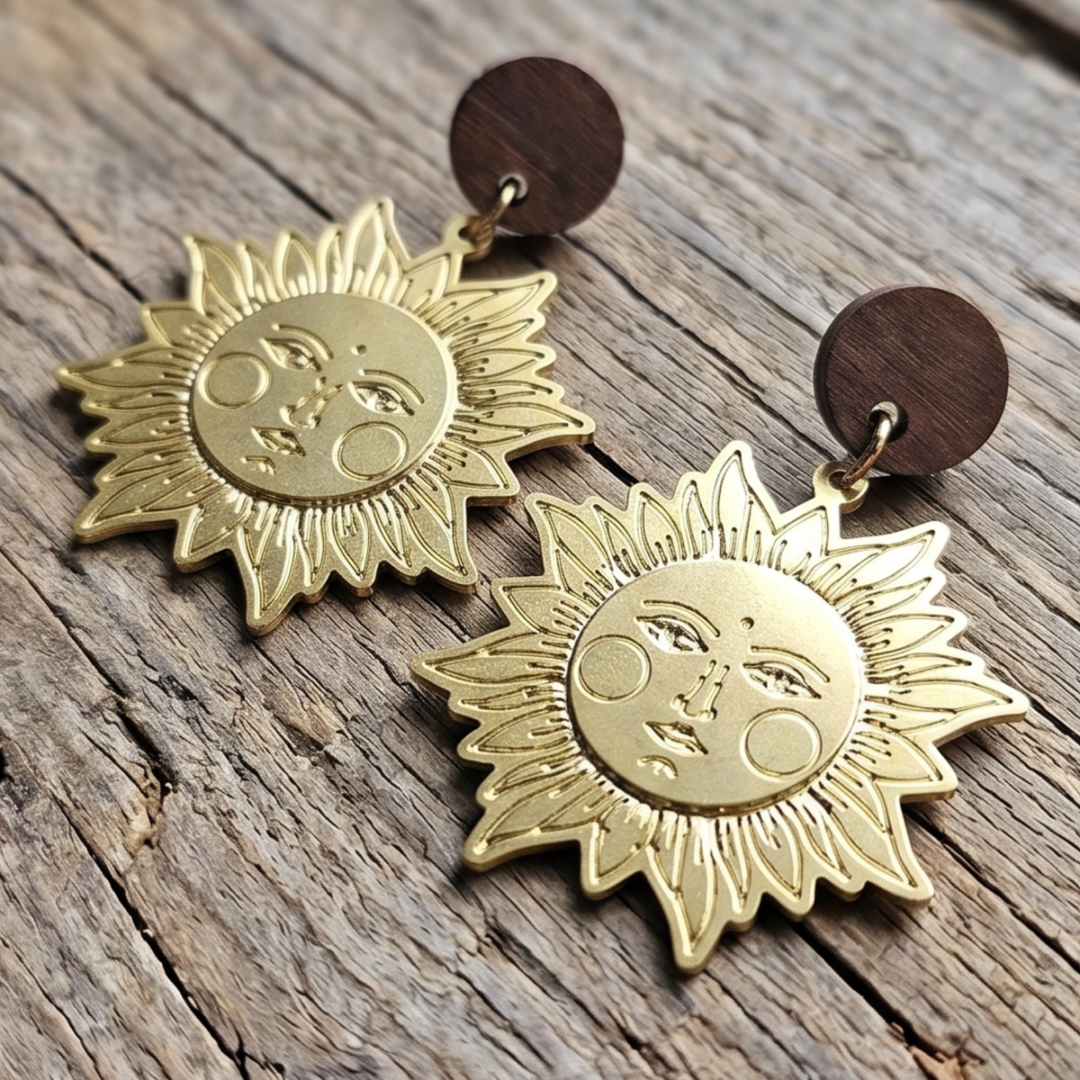 The Sol Invictus Earrings – Laser-Etched Sun & Wood Studs