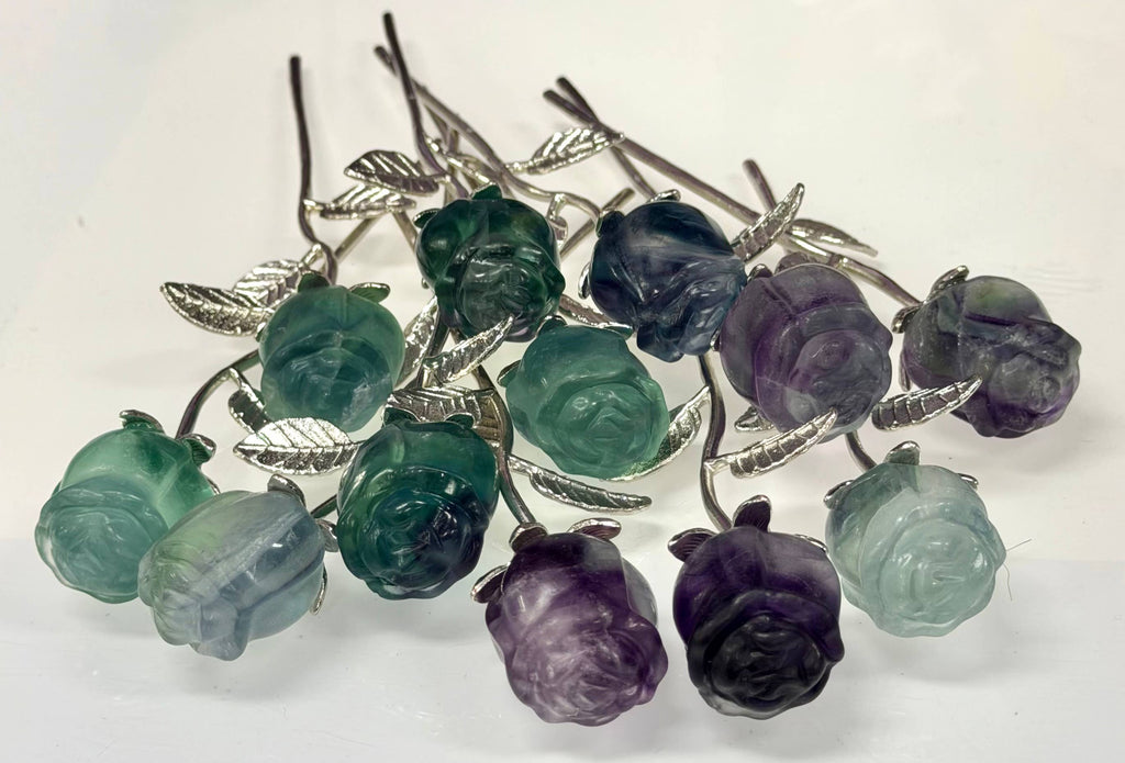 Fluorite Rose with Rhodium Metal Stem Natural Crystal 
