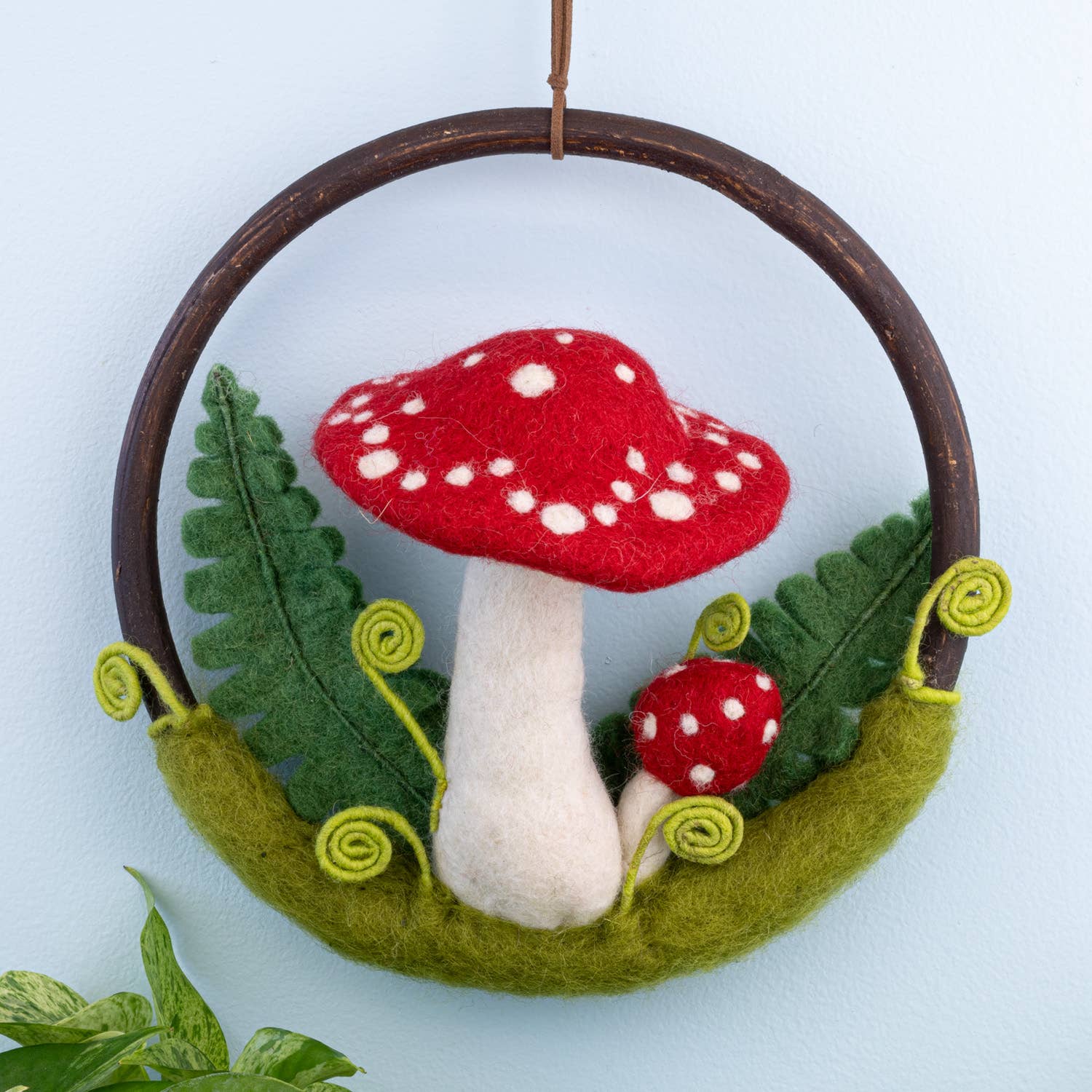 Red Mushroom & Fern Wool Felted Forest Ring