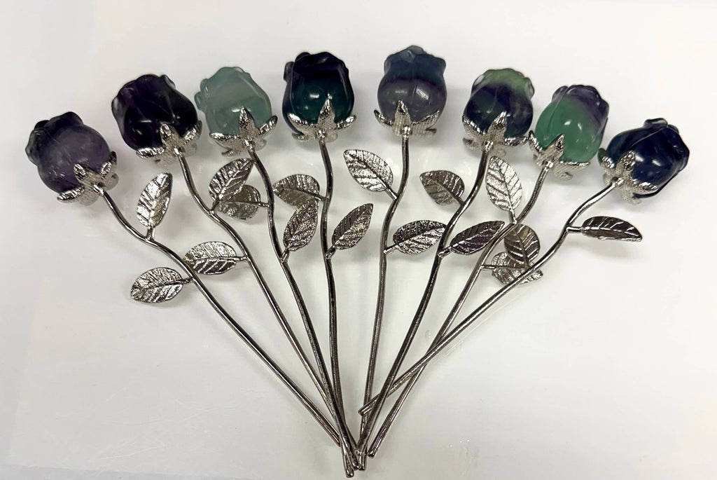 Fluorite Rose with Rhodium Metal Stem Natural Crystal 