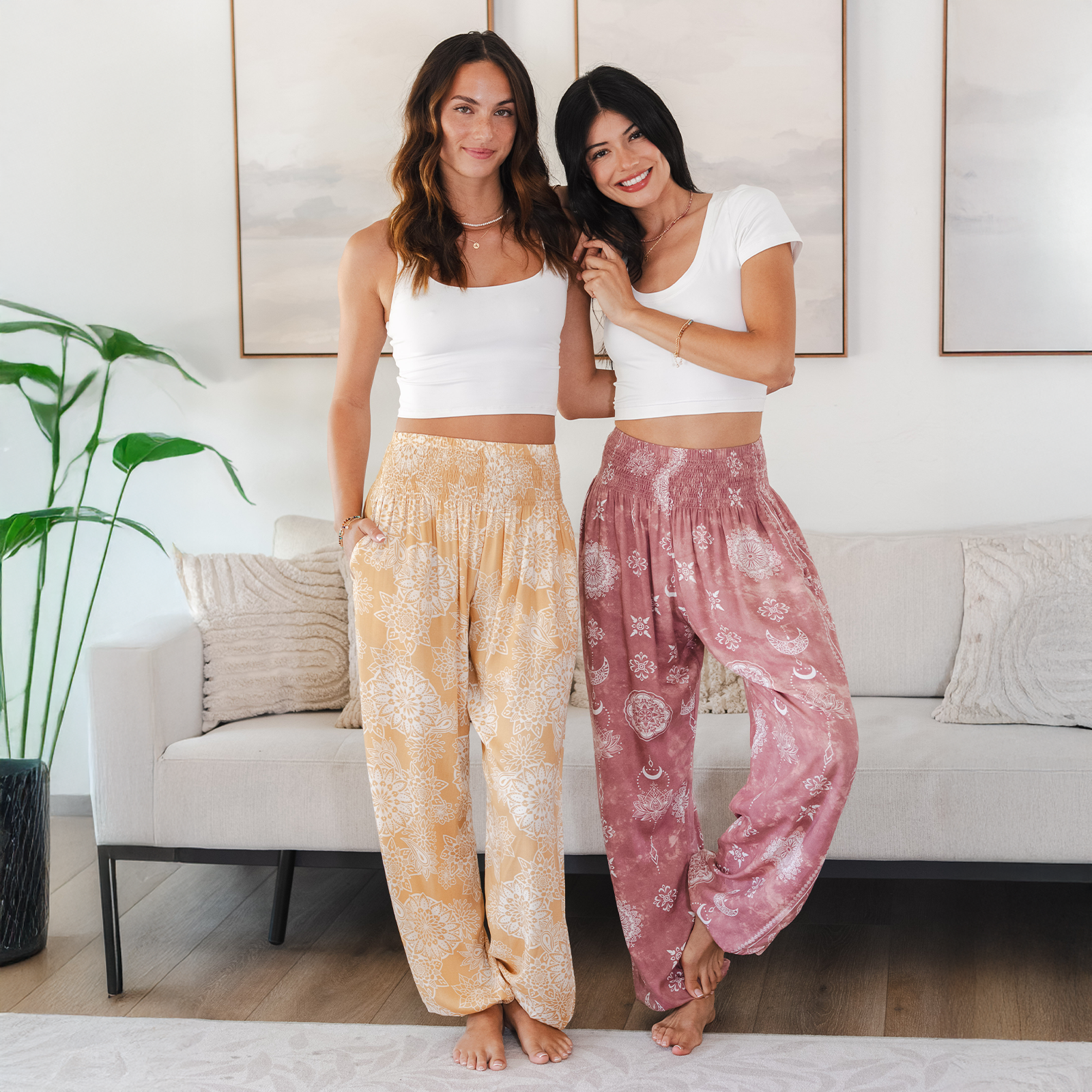 Dusty Rose Lotus Moon Harem Pants with Pockets