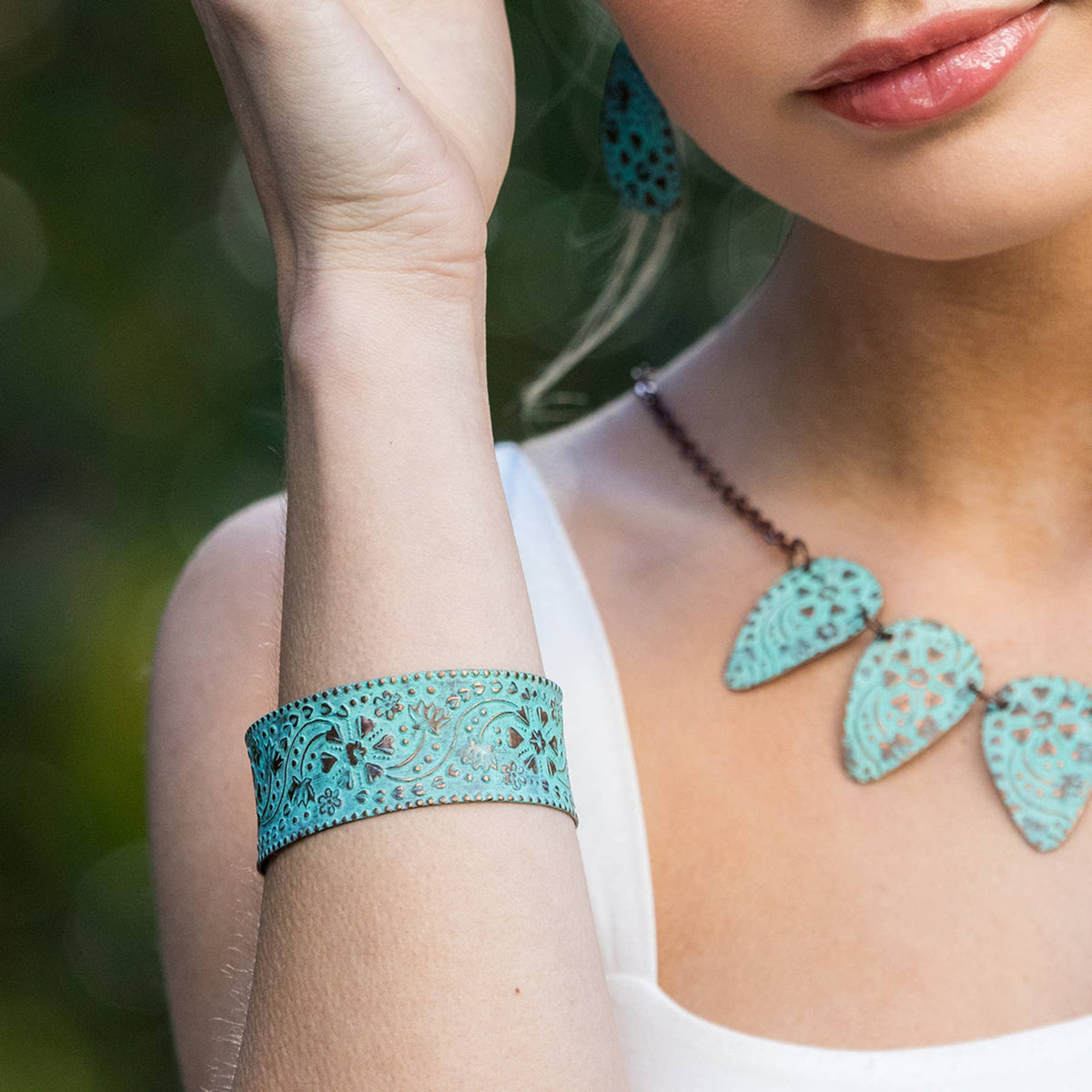 Copper Patina Bracelet - Turquoise Floral and Vine