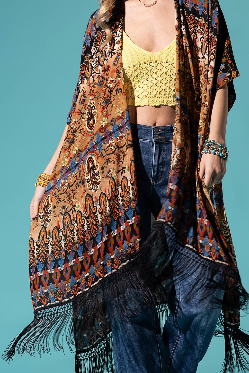Brown Tribal Fringe Kimono