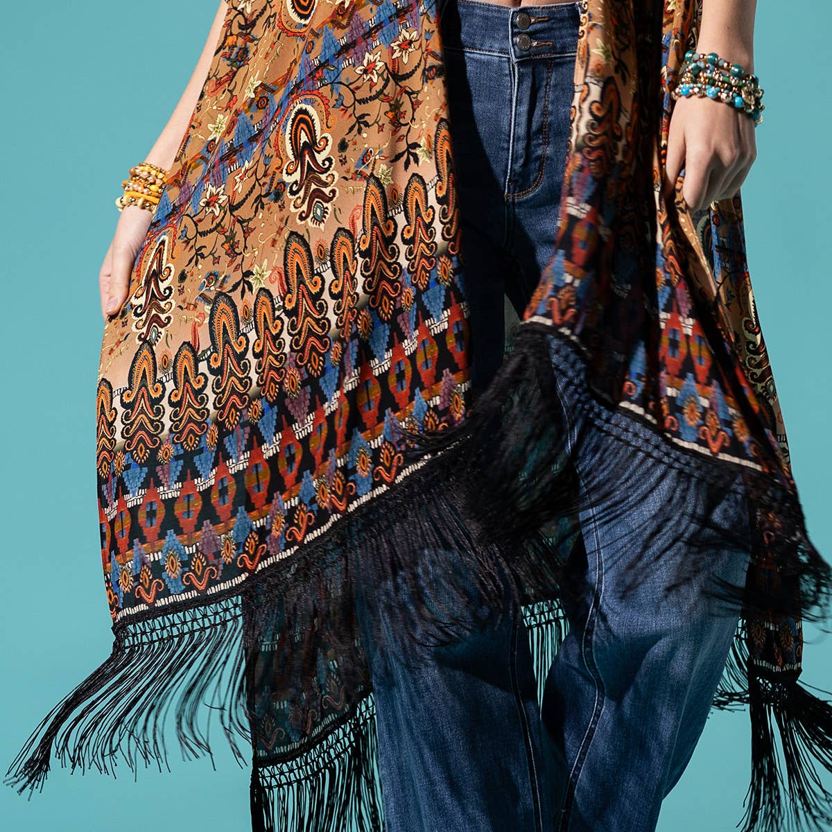 Brown Tribal Fringe Kimono