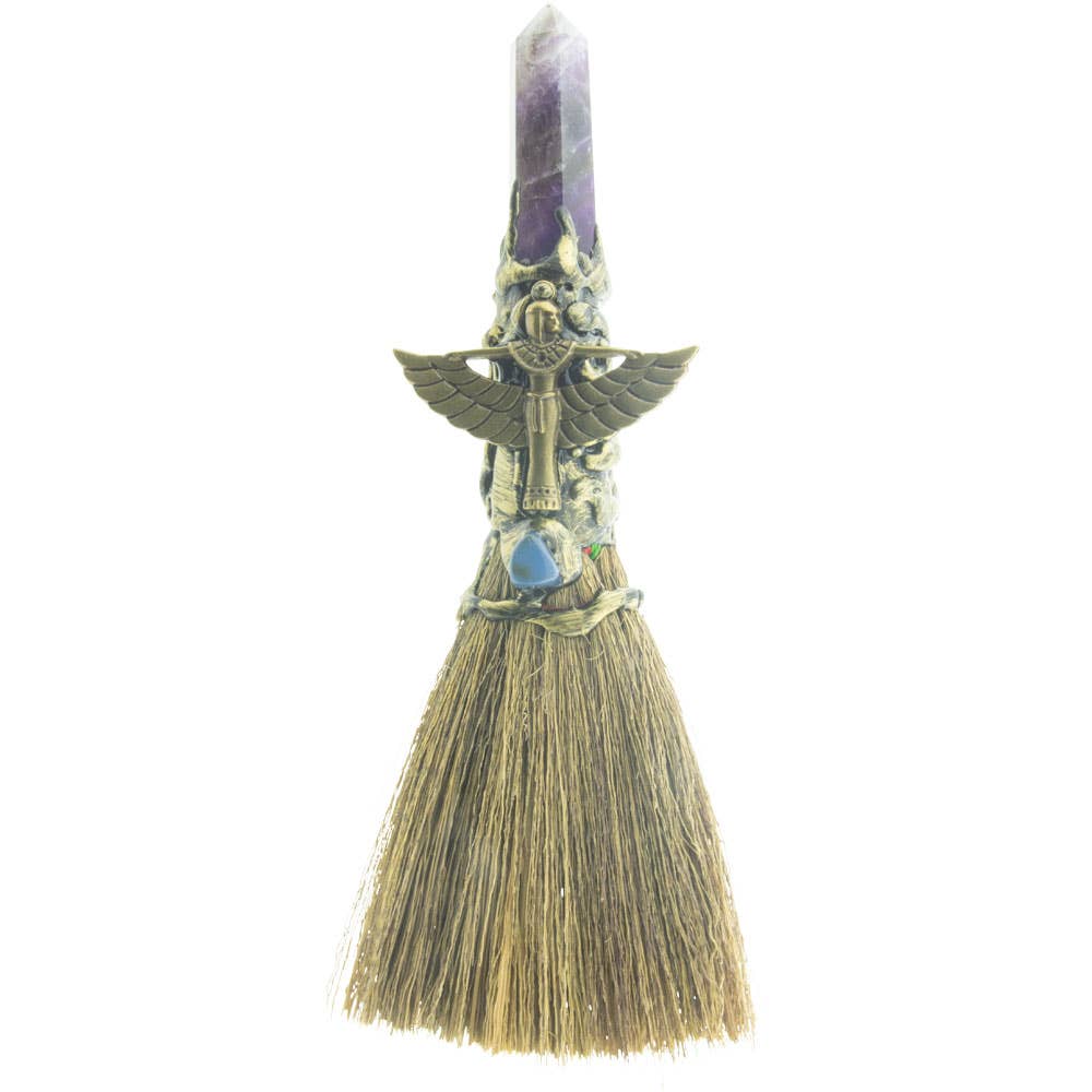 Wicca Broom: 8in Amethyst w/ Gold Isis
