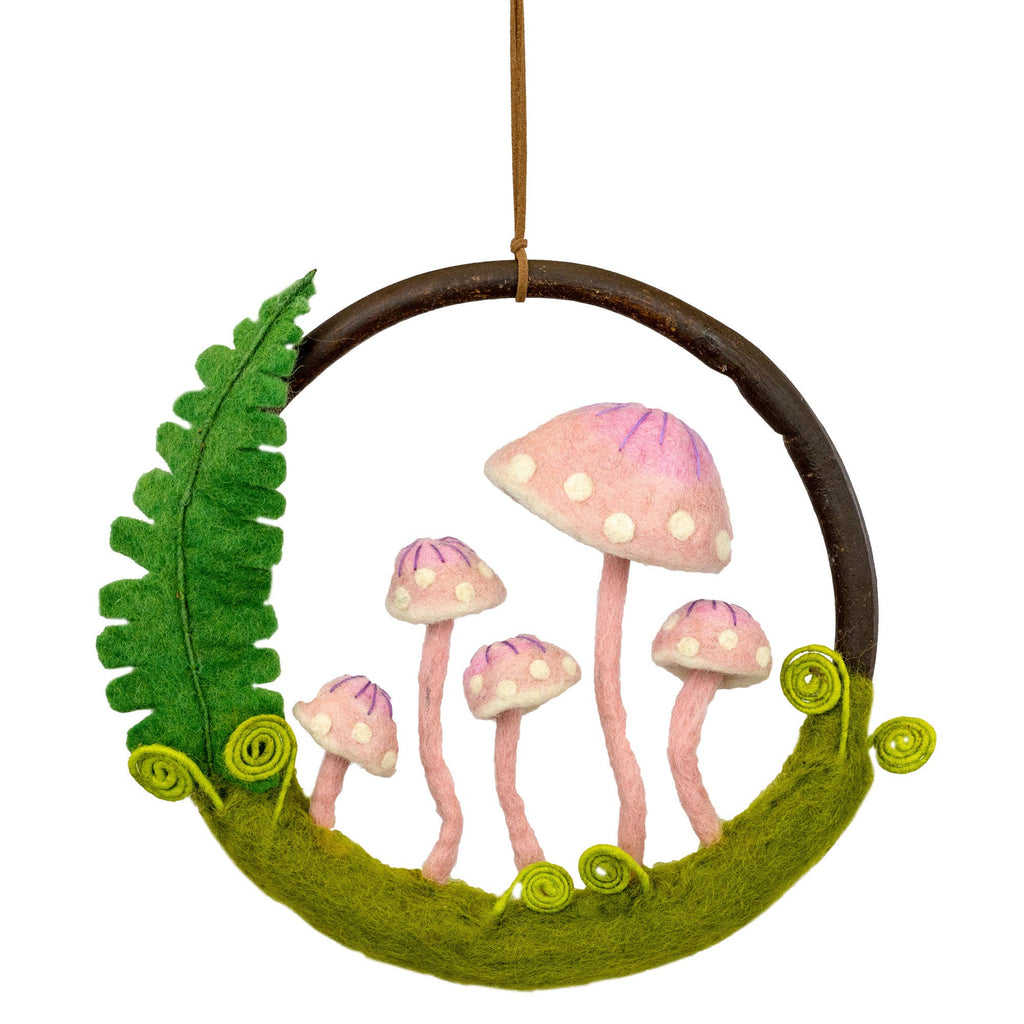 Pink Mushrooms & Fern Wool Felted Forest Ring