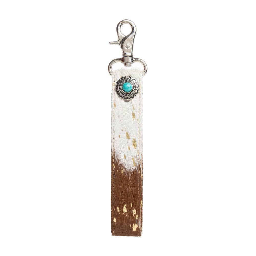 Concho Delight Leather Hairon Key Fob in Brown & White