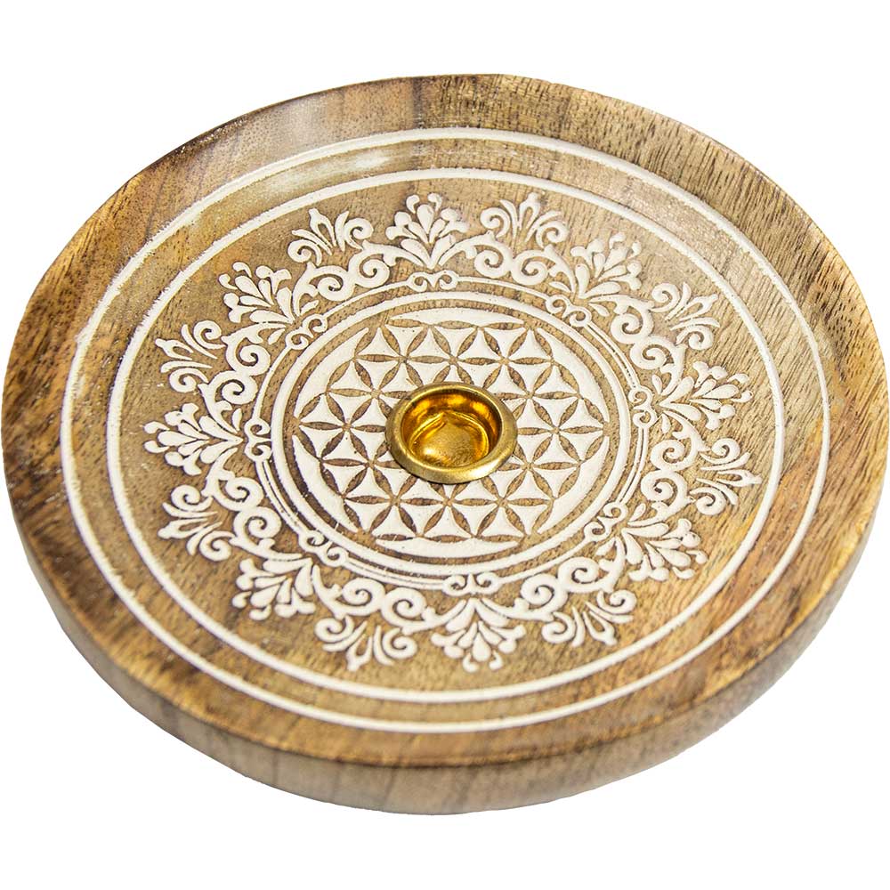 Circular Mango Wood Cone Incense Burner- Flower of Life