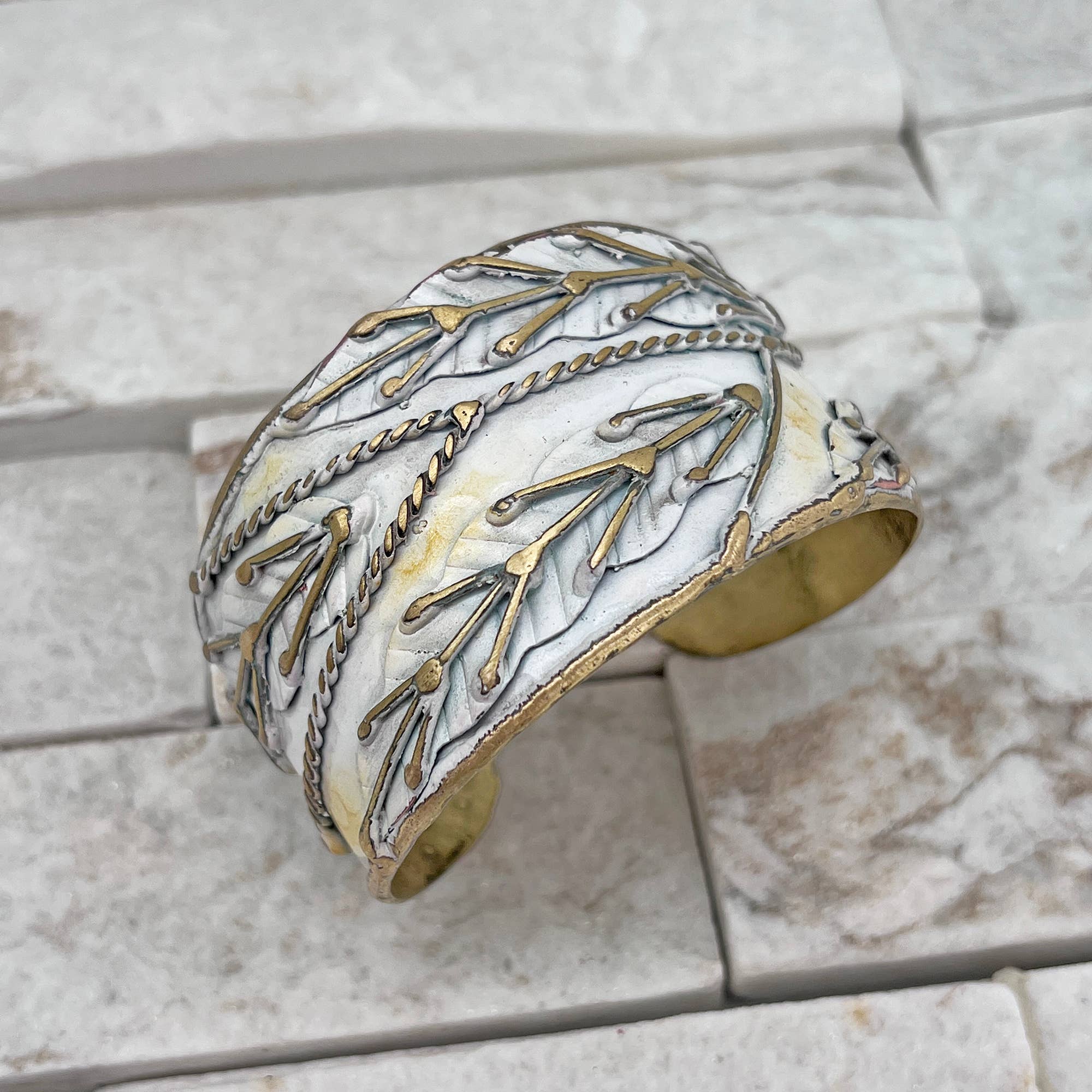 Anju: Brass Patina Cuff Bracelet- White Leaves